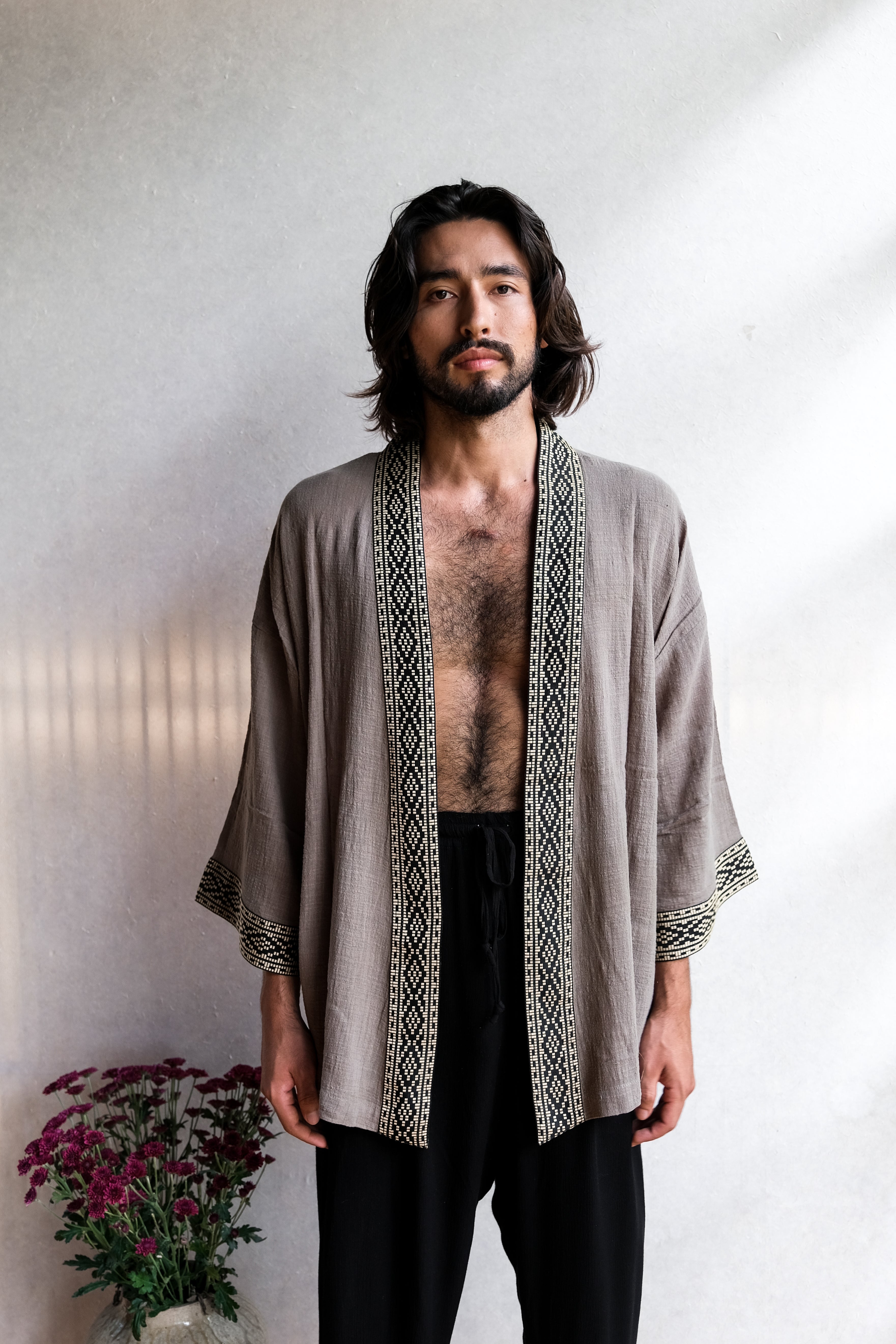 Short Kimono - Army Green/Cream