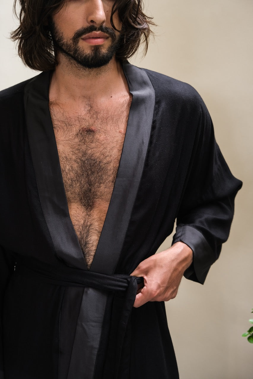 Short Kimono Cotton Rami - Black Georget/Black Satin