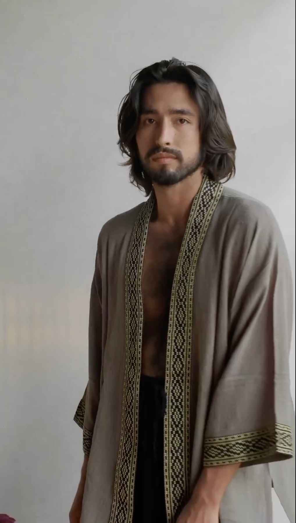 Long Kimono - Army Green/Cream